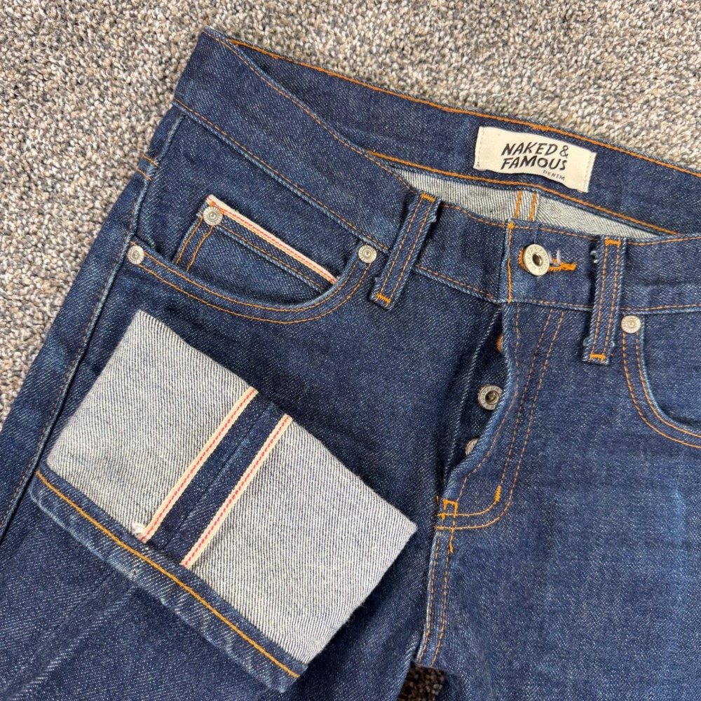 Naked & Famous Skinny Guy Dirty Fade Selvedge Denim Jeans Men 28 Indigo Red Line